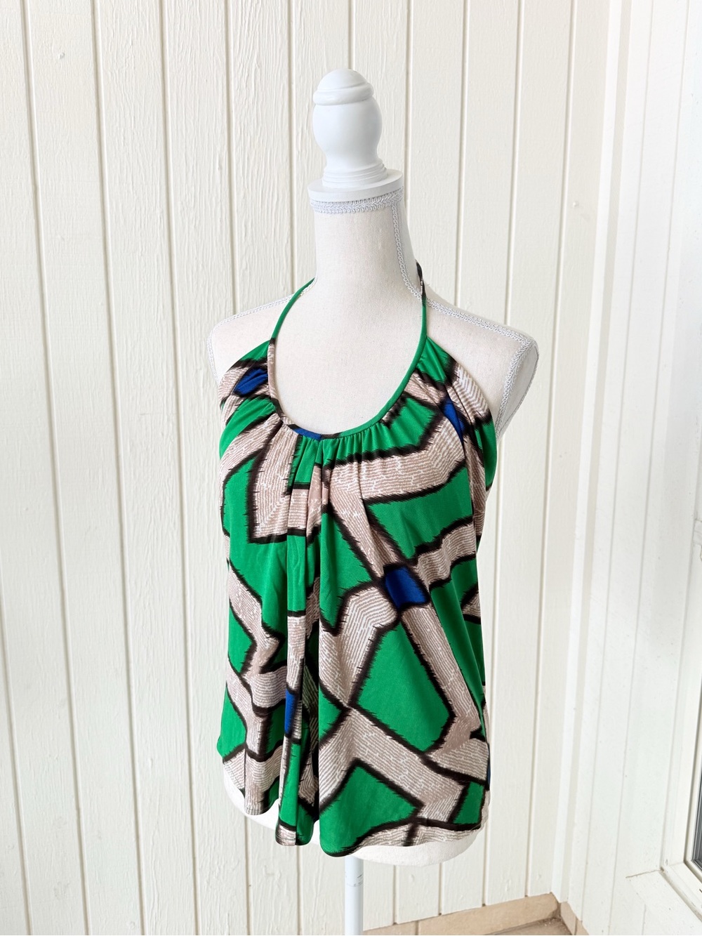 Diane von Furstenberg DVF Halter Top Petite Green Abstract Silk Blouse
